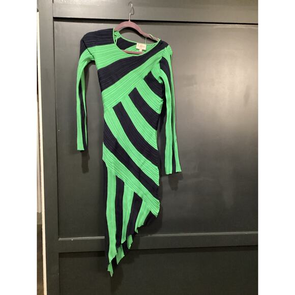 Ciebon Osha Directional Stripe Long Sleeve Asymmetric Knit Dress In Green/navy S - Picture 10 of 12